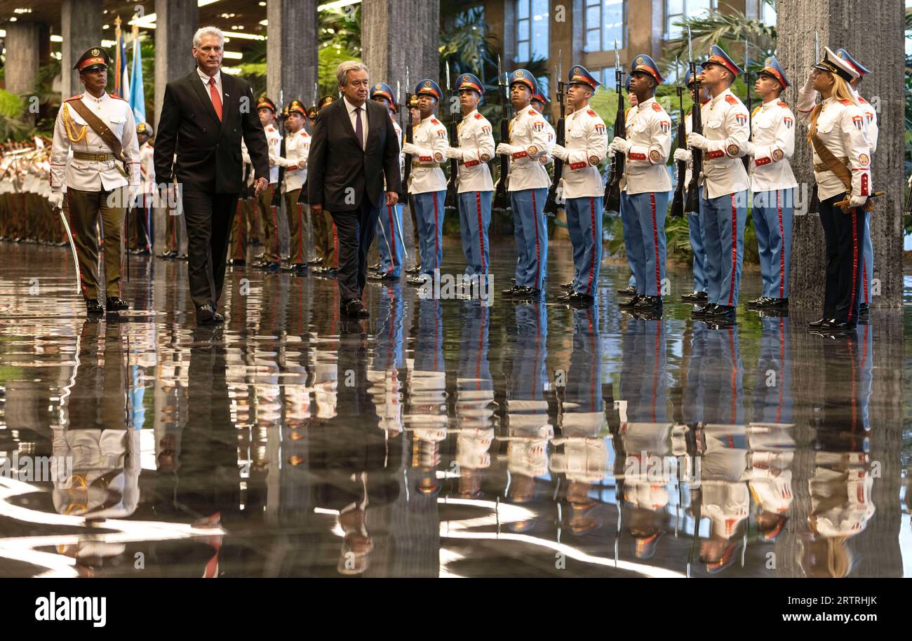 Cuban President Miguel Diaz-Canel, left, walks with U.N. Secretary ...