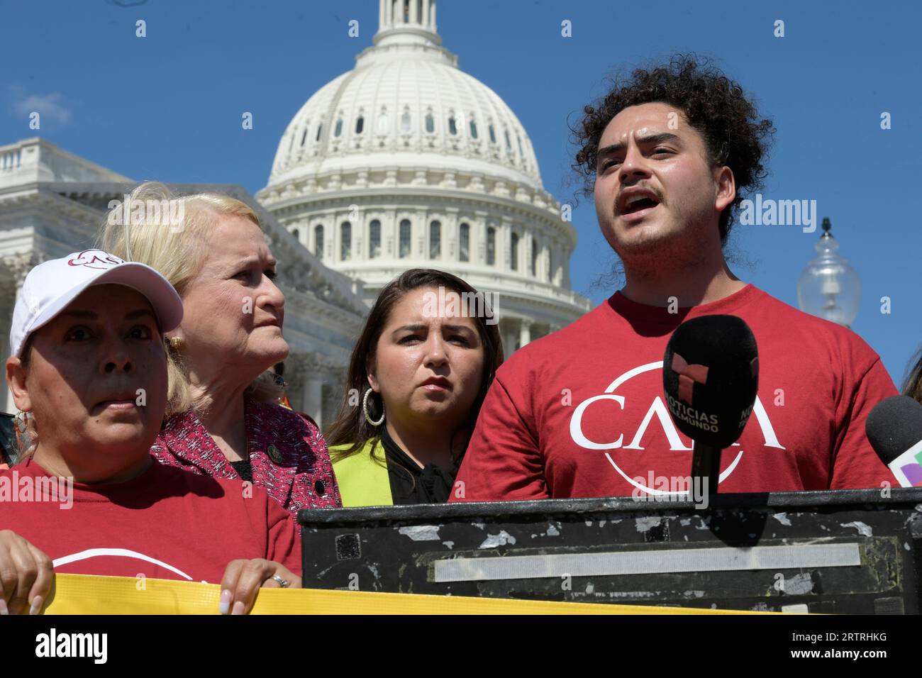 September 14, 2023, Washington, Distric of Columbia, USA: DACA recipient JOSE CORONADO(right) alongside of Representatives Sylvia Garcia(D-TX) and Delia Ramirez(D-IL) speaks about DACA decision during a press conference, today on September 14, 2023 at House Triangle/Capitol Hill in Washington DC, USA. (Credit Image: © Lenin Nolly/ZUMA Press Wire) EDITORIAL USAGE ONLY! Not for Commercial USAGE! Stock Photo