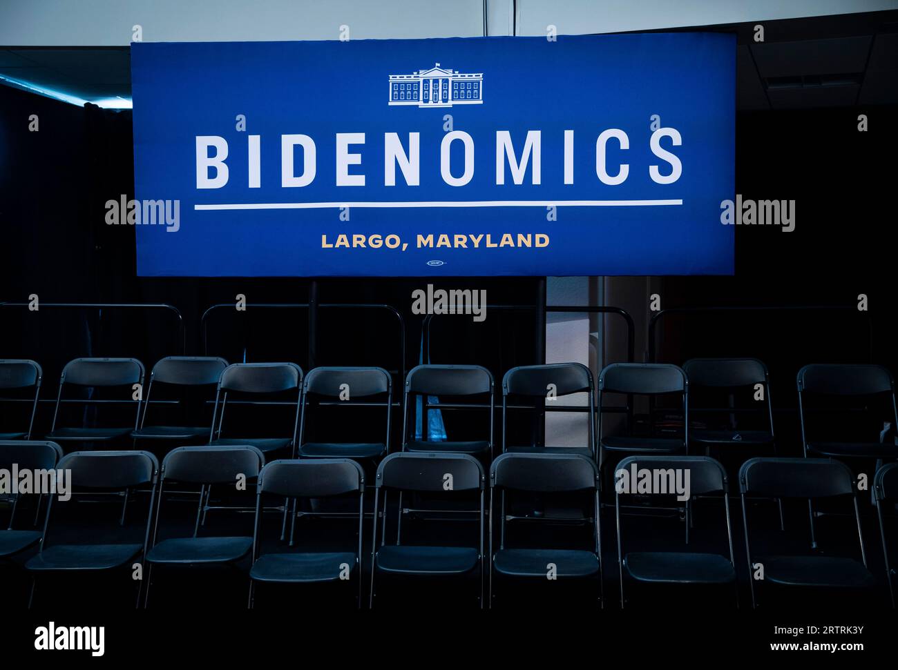 Signage during an event on Bidenomics at Prince George's Community College, Largo, Maryland, US, on Thursday, Sept. 14, 2023. The economy remains a vulnerability for Biden in polls despite positive economic data in recent months, as recent data on a manufacturing boom, job gains, strong gross domestic product growth and easing inflation fail to resonate with voters. Credit: Al Drago/Pool via CNP Stock Photo