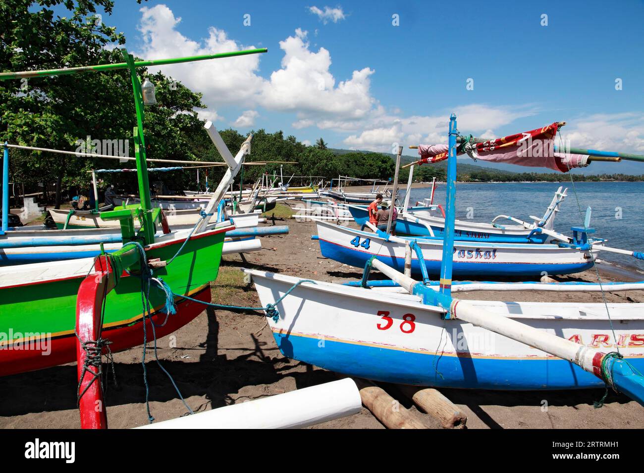 Traditional boats on Lovina beach, Bali, Indonesia Stock Photo