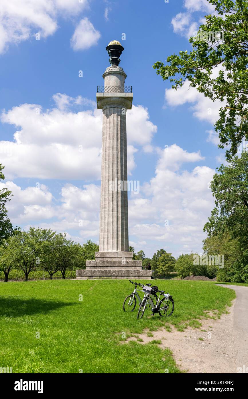 Constitution Column, Gaibach, Path, Bicycles, Volkach, Mainfranken, Lower Franconia, Franconia, Bavaria, Germany Stock Photo