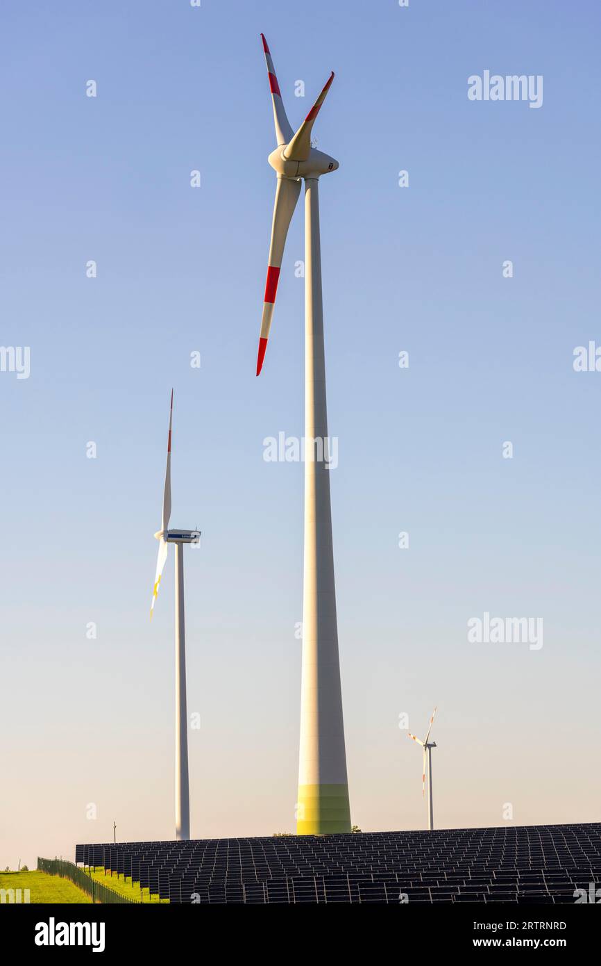 Symbolic image, renewable energies, wind turbine, solar power plant, wind turbines, wind farm, Baden-Wuerttemberg, Germany Stock Photo