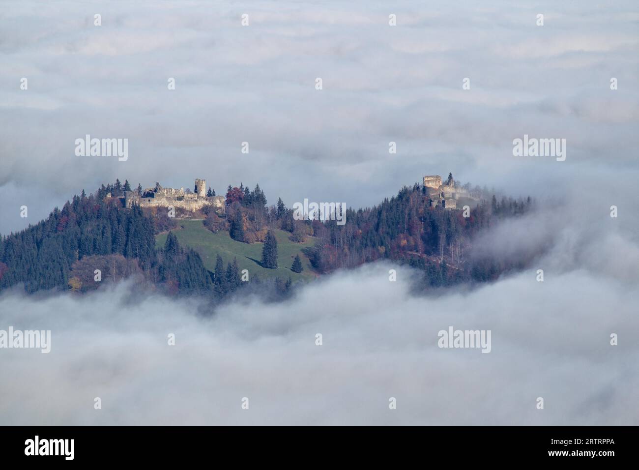 The Hohenfreyberg and Eisenberg castle ruins above the Nebel in the Allgaeu in Bavaria, Germany Stock Photo