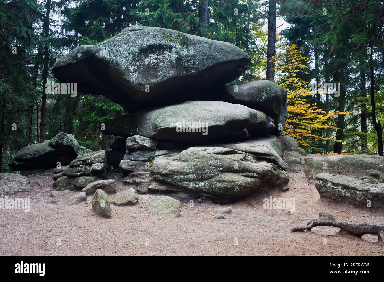 Chybotek balancing rock in Szklarska Poreba, Poland, mentioned in Walloons tales and legends about the Ghost of the Mountains and entrance to Stock Photo