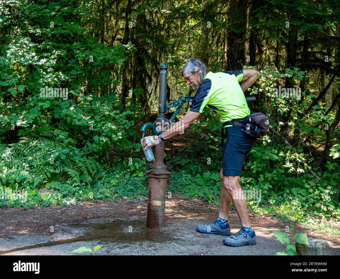WA23688-00...WASHINGTON - Filling water bottle at historic Interrorem Cabin located along the Duckabush Road in the Olympic National Forest. Stock Photo