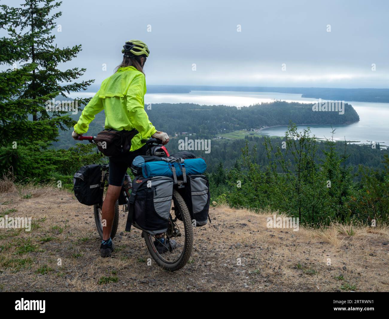 WA23696-00...WASHINGTON - Tom Kirkendall overlooking the Hood Canal while riding Forest Road 2620  on the Olympic Bikepacking from the Top Route. Stock Photo