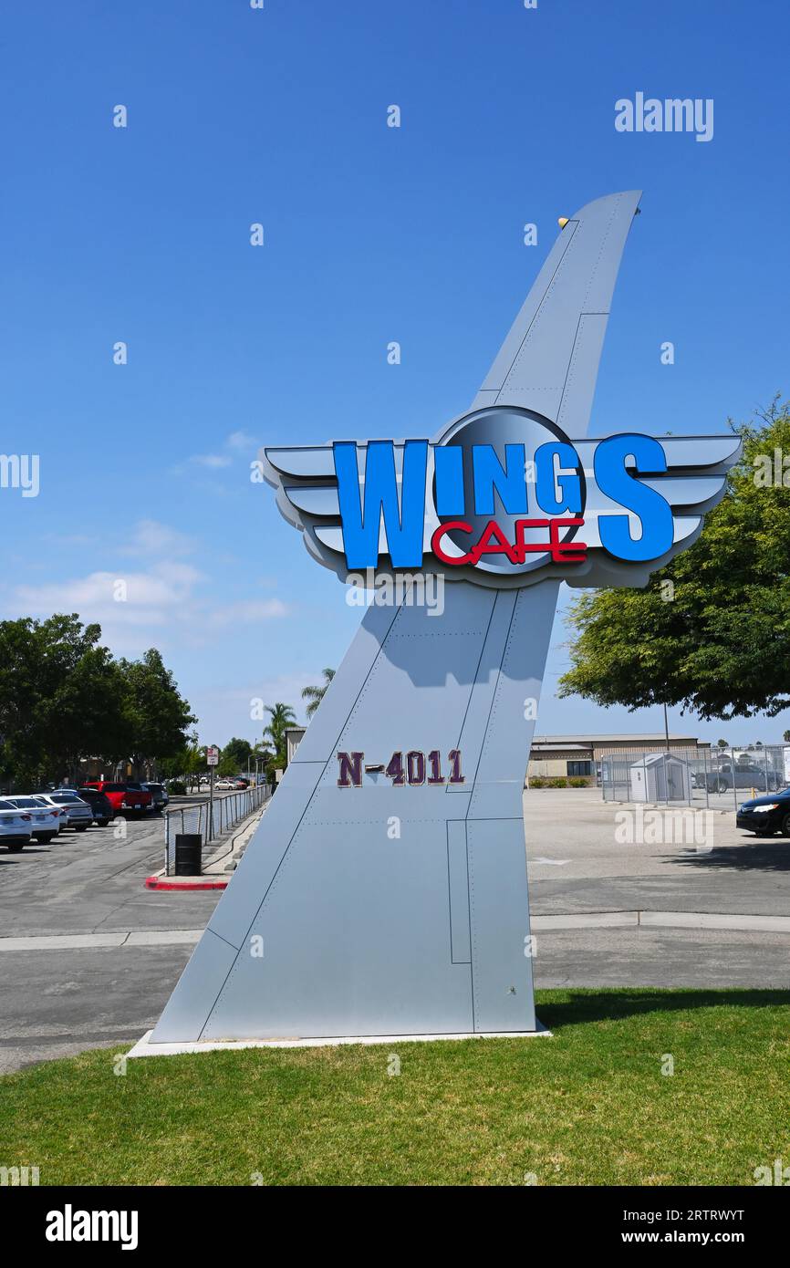 FULLERTON, CALIFORNIA - 13 SEPT 2023: The Wings Cafe sign at Fullerton Municipal Airport. Stock Photo