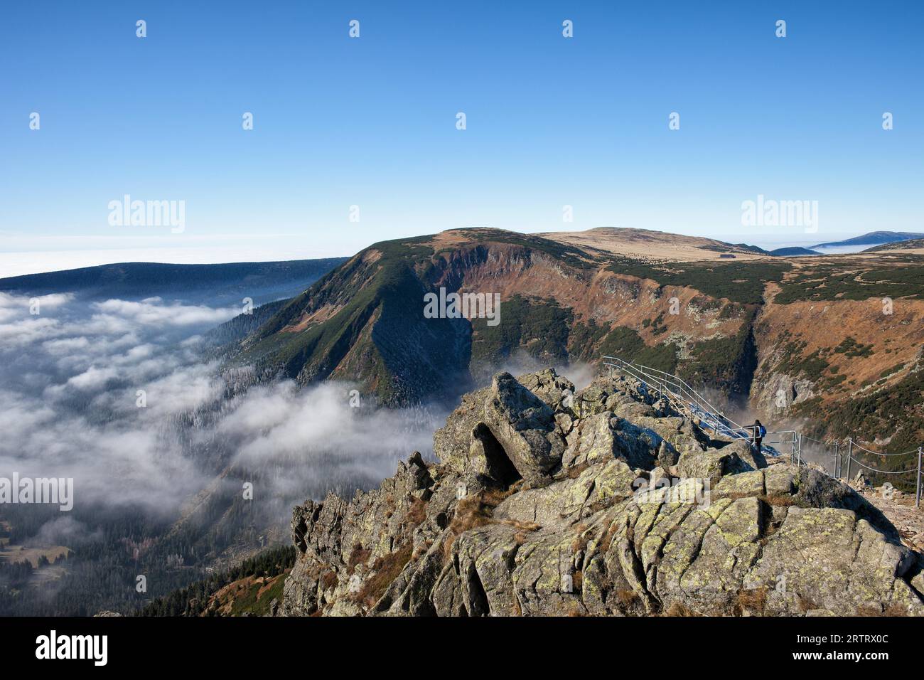Poland and Czech Republic border, Sudetes, Karkonosze Mountains landscape, view from Sniezka Mountain Stock Photo