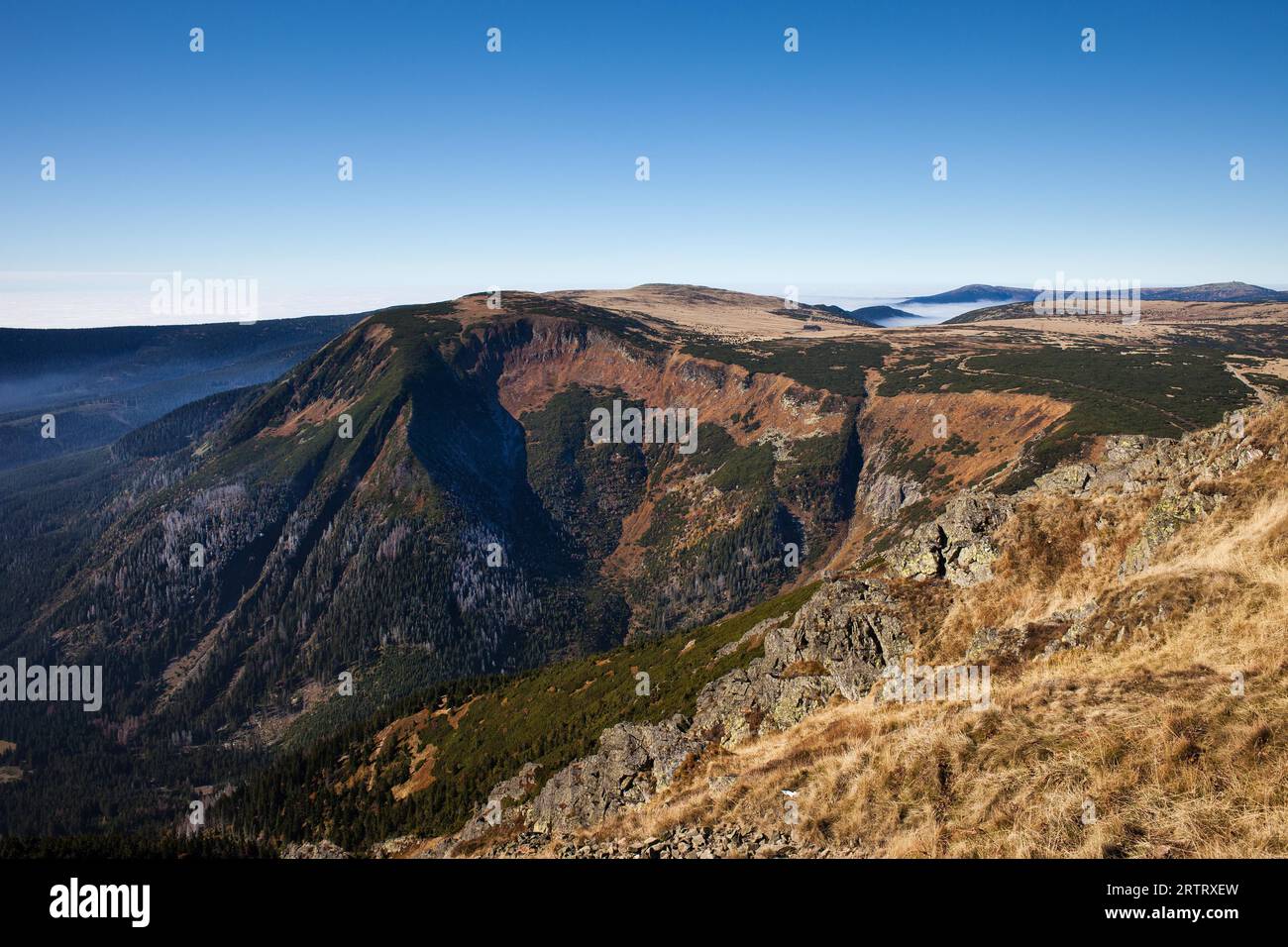 Poland and Czech Republic border, Karkonosze Mountains landscape, view from the Sniezka Mountain Stock Photo