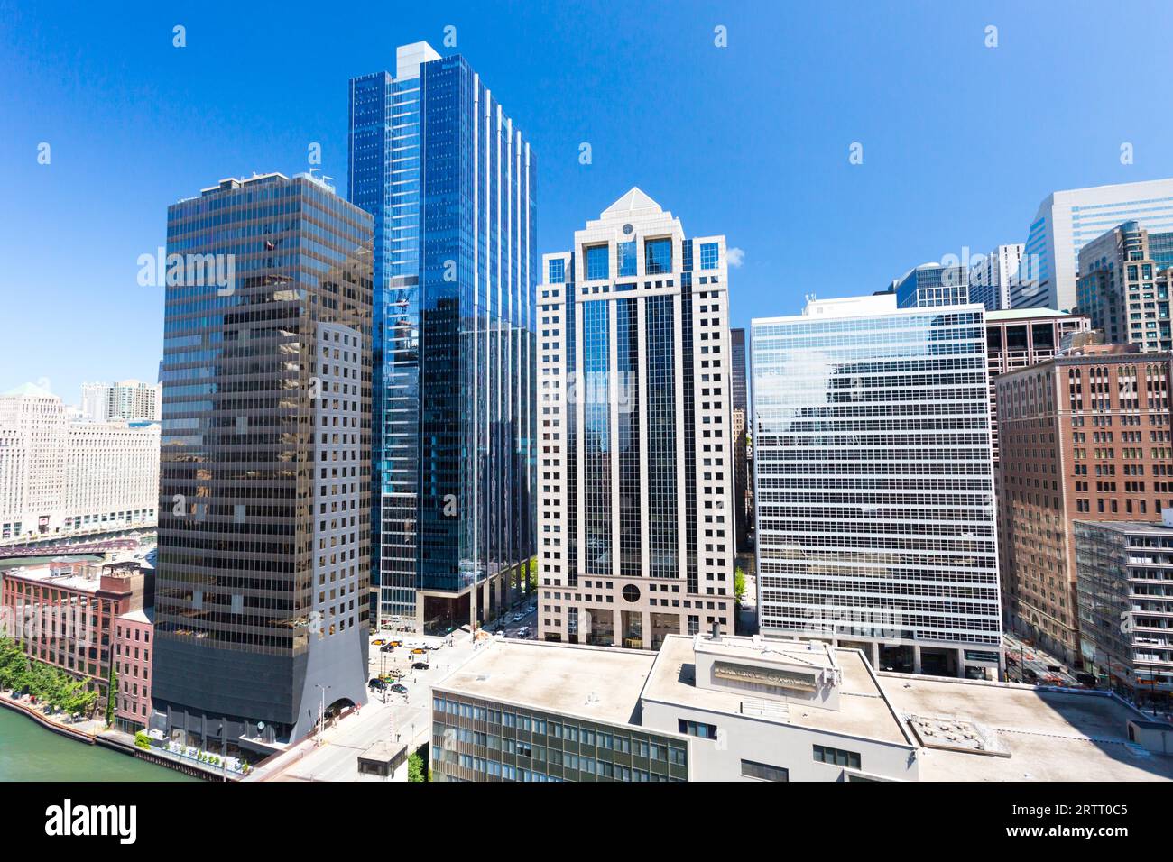 A view looking East over the Chicago River and W Randolph St on a hot summer's day Stock Photo