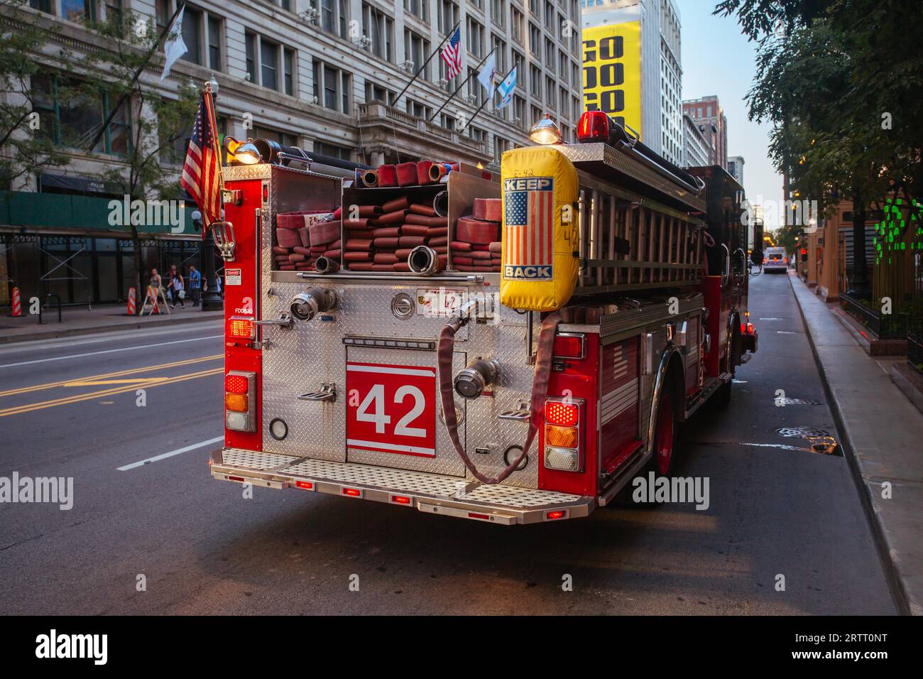 Chicago, USA, August 13th, 2015: Chicago Metropolitan fire truck answering an emergency call in the streets of downtown Chicago Stock Photo