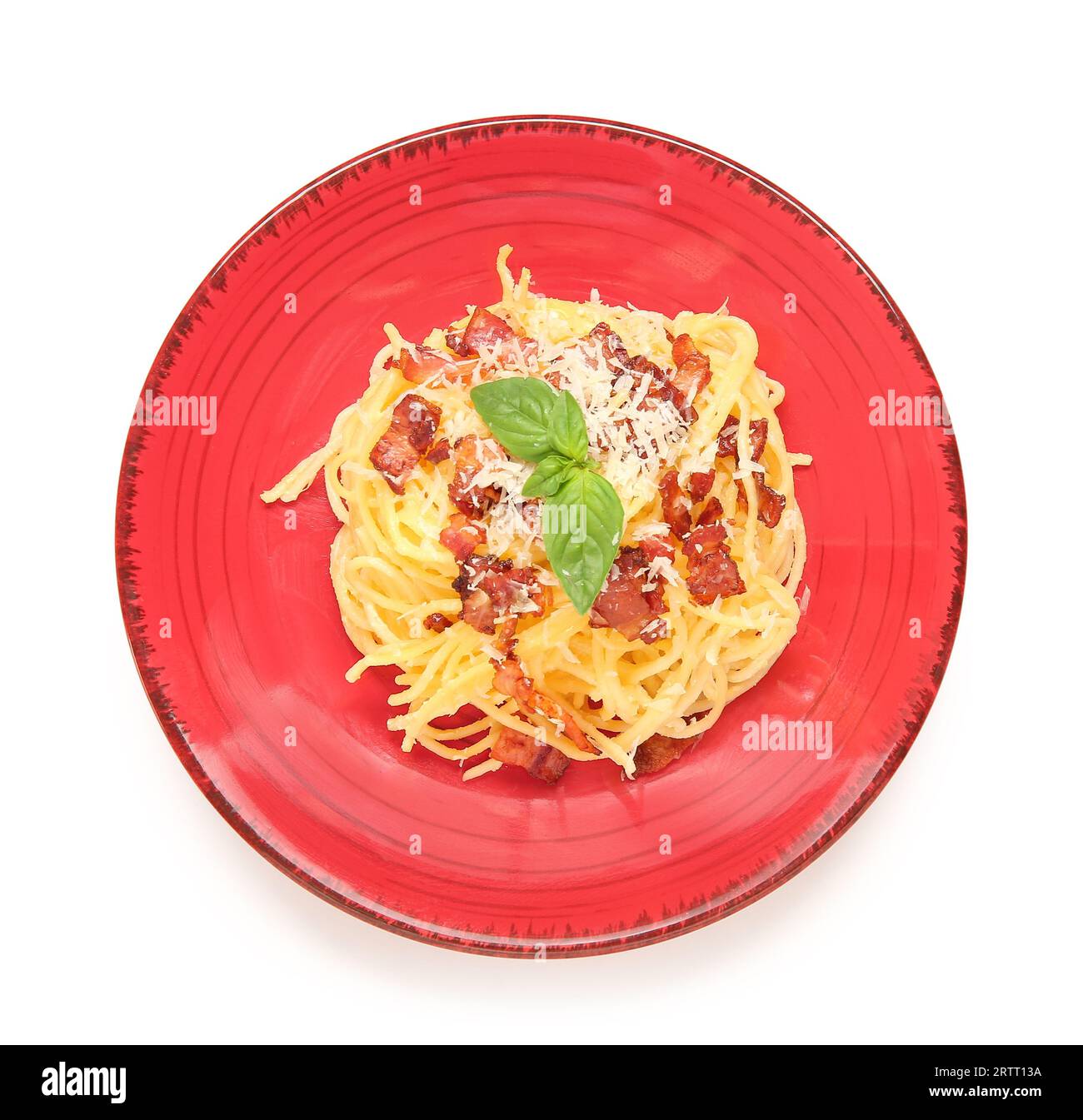 Plate with tasty pasta carbonara on white background Stock Photo Alamy
