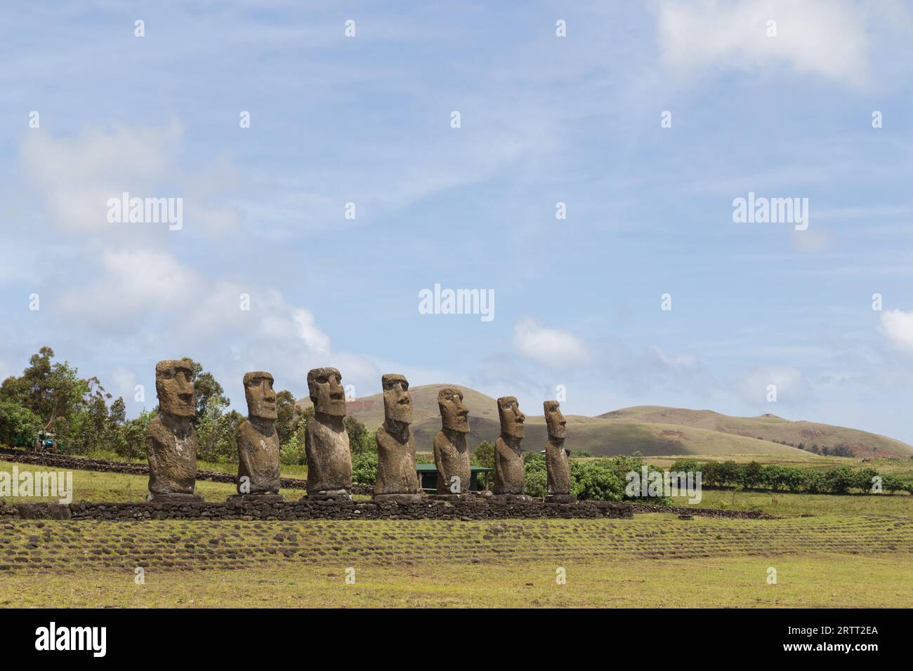 Photograph of the moais at Ahu Akivi on Easter Island in Chile Stock Photo