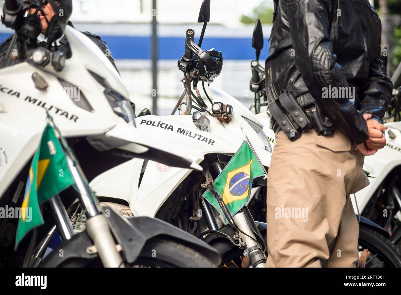 Salvador, Bahia, Brazil - September 07, 2023: A military police soldier is seen standing next to police motorcycles during the Brazilian independence Stock Photo