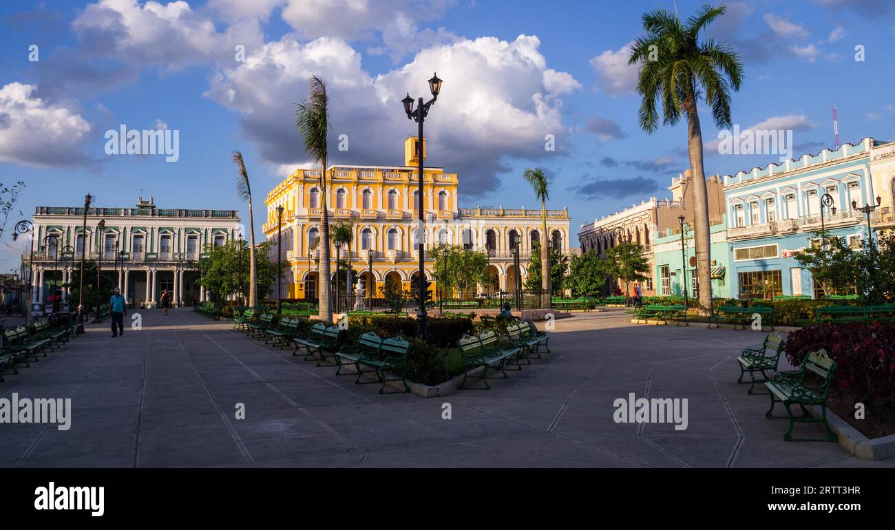 Sancti Spiritus, Cuba on December 31, 2015: View of main square of Sancti Spiritus, Cuba with colorful historic colonial Cuban buildings Stock Photo