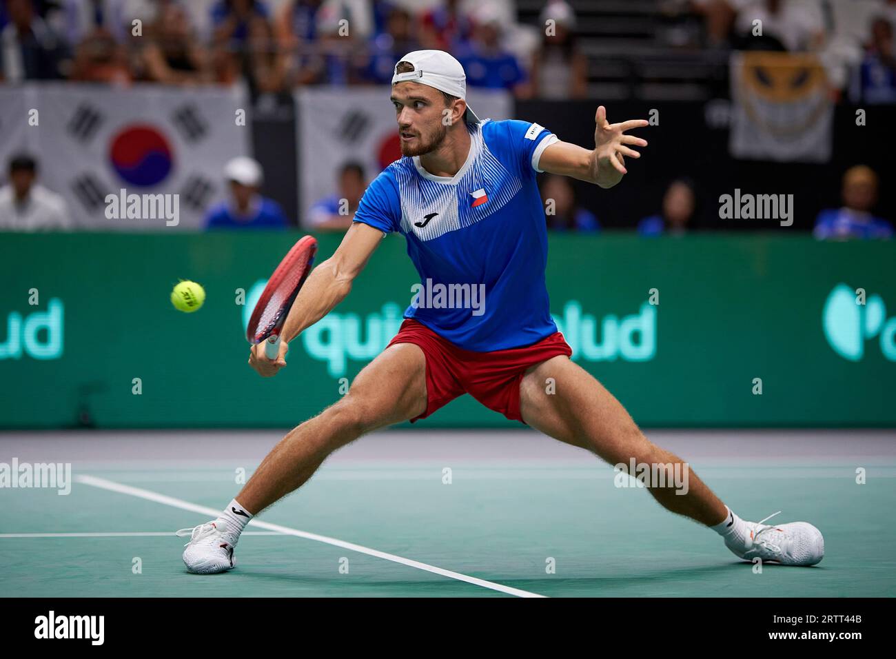 Valencia, Spain. 14th Sep, 2023. Tomas Machac of the Czech Republic hits a  shot during the group C match between South Korea and the Czech Republic at  the Davis Cup Finals tennis