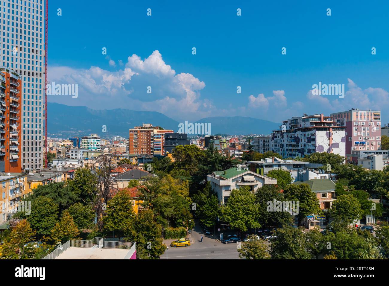 Very modern buildings seen from the Pyramid of Tirana near Skanderbeg ...