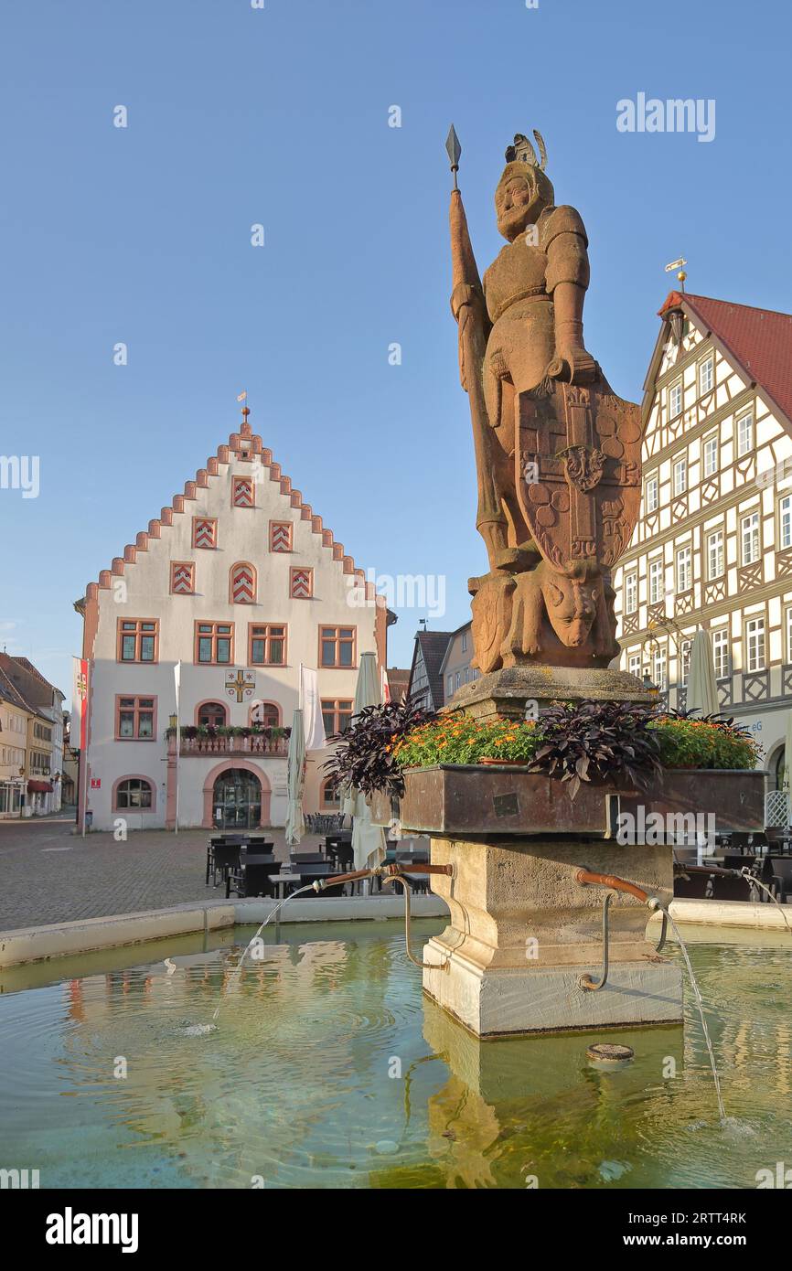 Milchling fountain with sculpture of Grand Master Wolfgang Schutzbar alias Milchling of the Teutonic Order as knight with coat of arms, flag and Stock Photo