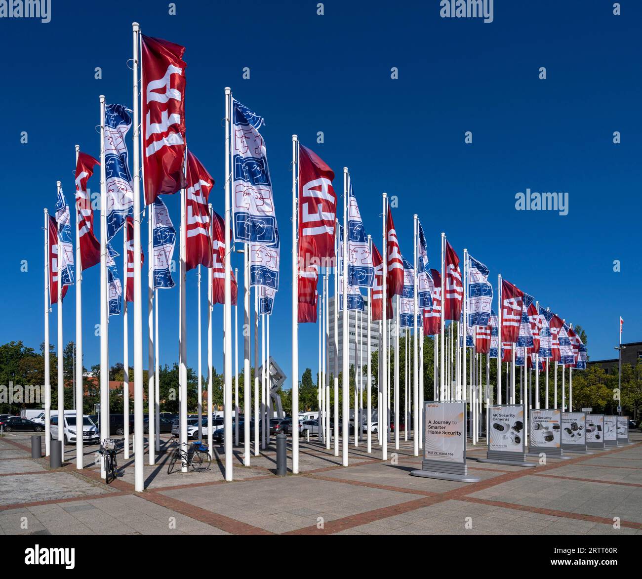 Flagpoles with IFA flags, Hammarskjoeldplatz, Messehallen am Funkturm, Berlin, Germany Stock Photo