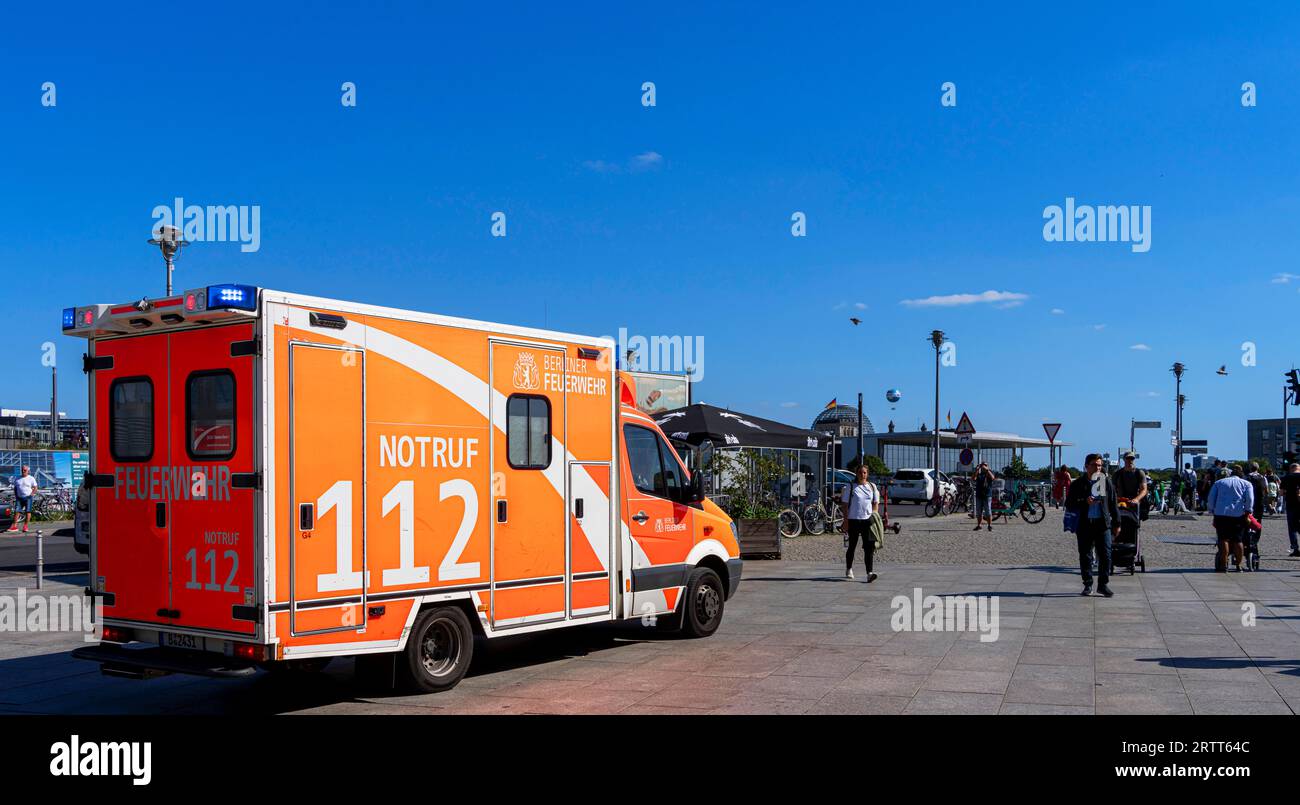 Emergency ambulance of the Berlin fire brigade in front of the main station, Berlin, Germany Stock Photo