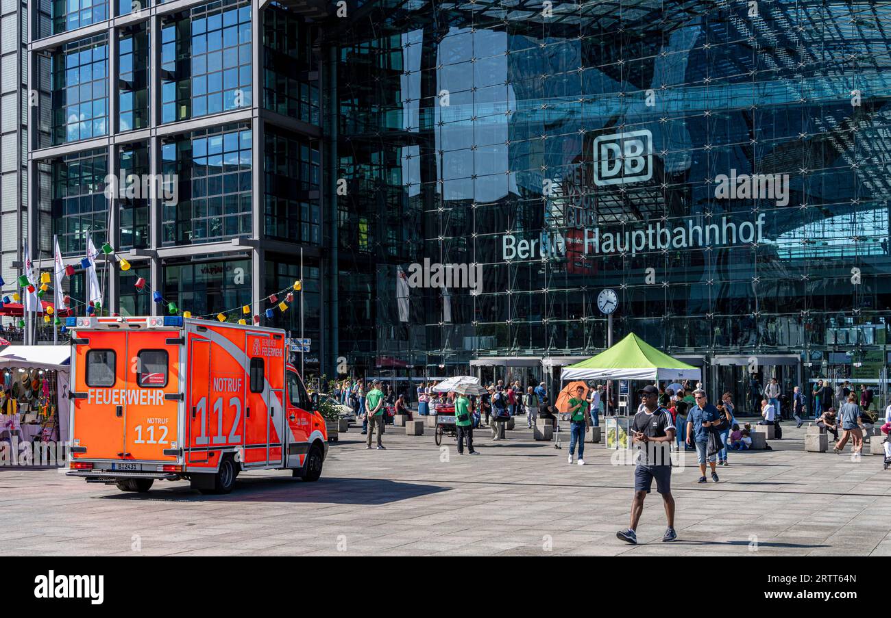 Emergency ambulance of the Berlin fire brigade in front of the main station, Berlin, Germany Stock Photo
