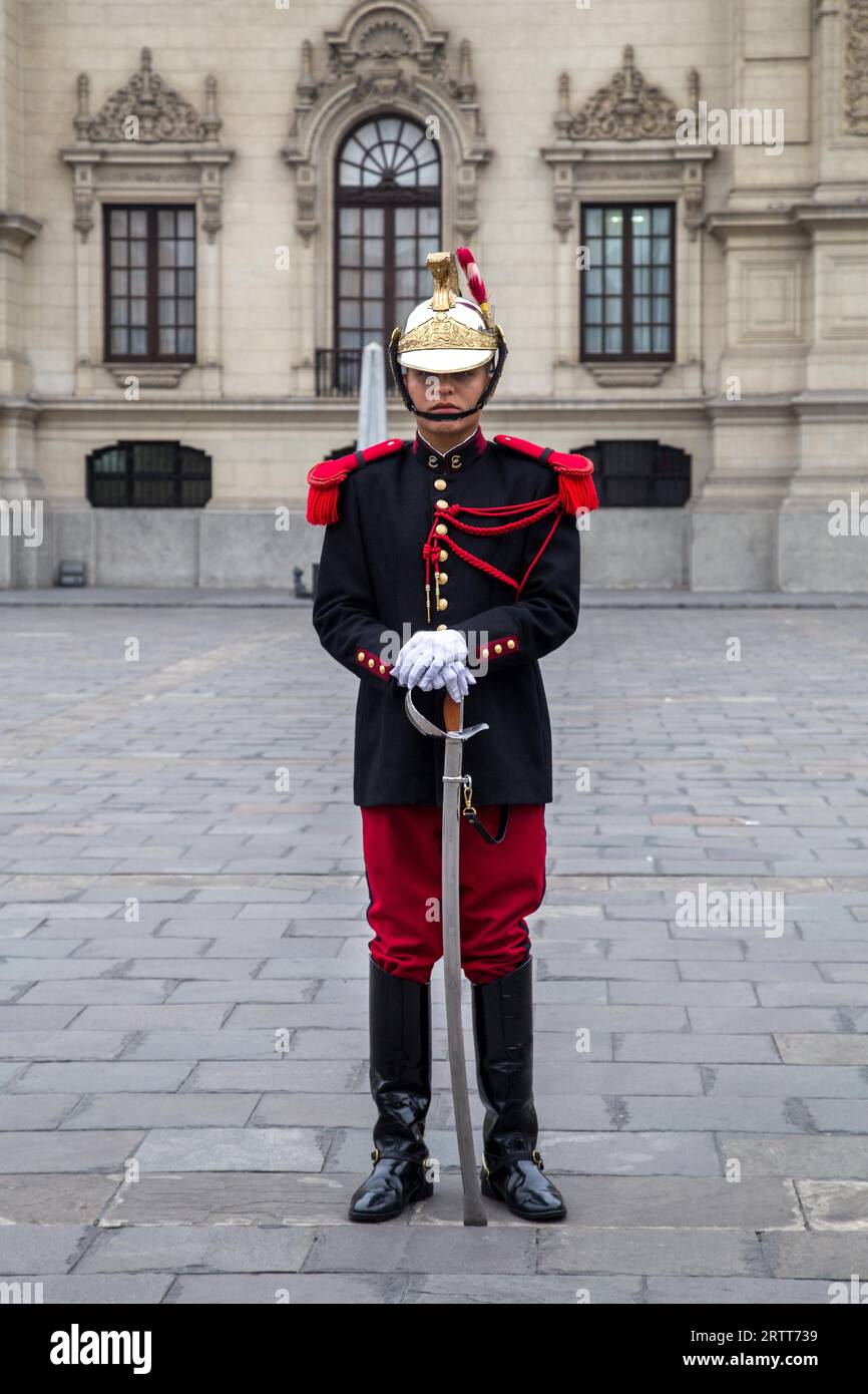 Lima, Peru, September 2, 2015: A guard at the Government Palace in the historic city centre Stock Photo