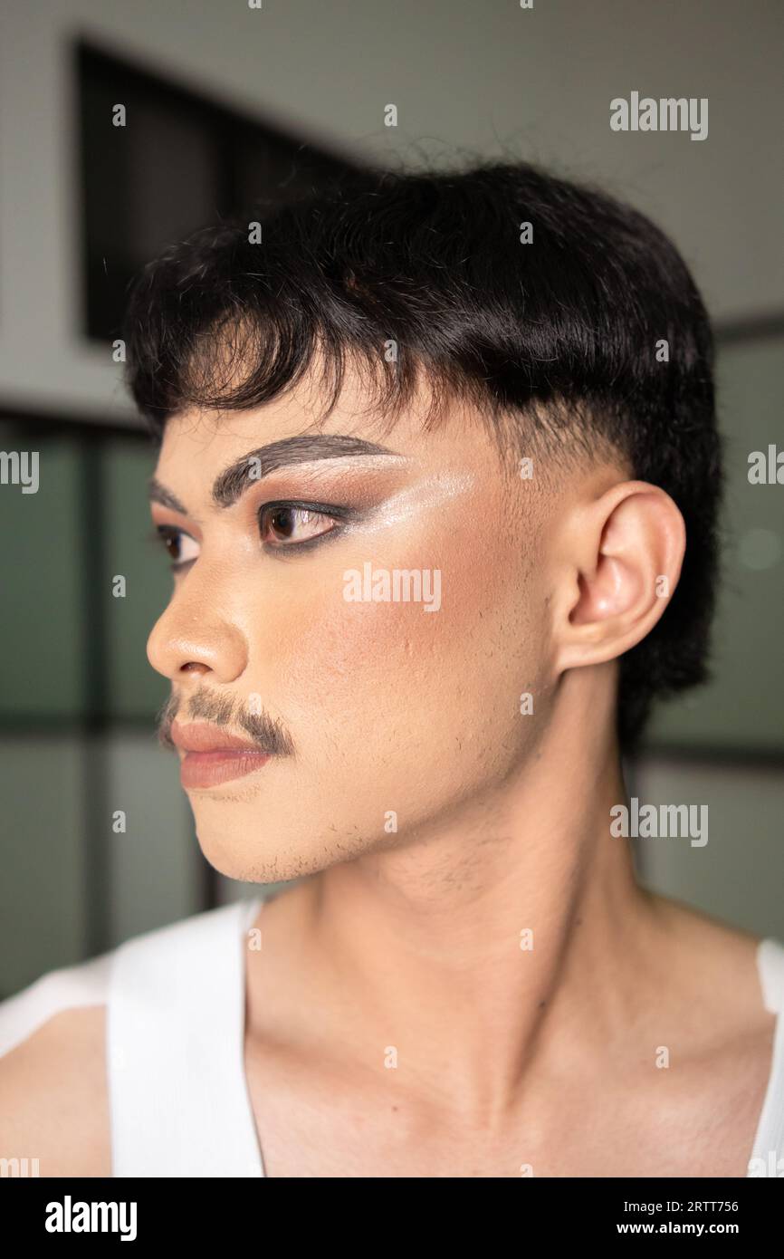 Portrait of Asian Young Man with Emo Makeup Stock Photo - Image of