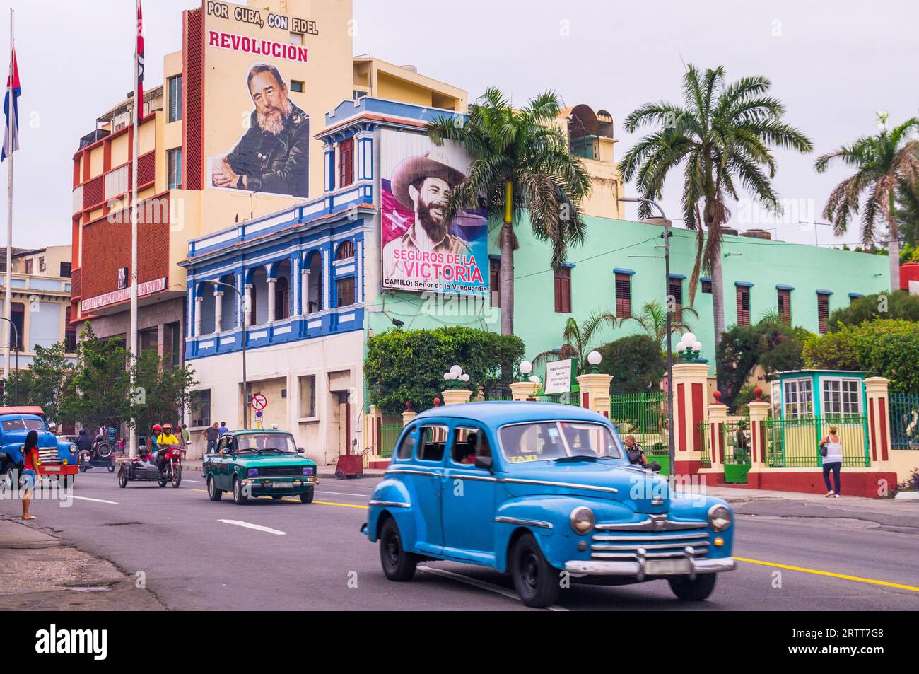 Santiago de Cuba is often referred to as birthplace of the Cuban revolucion. Posters of Fidel Castro advertise the revolution, Santiago de Cuba, CUBA Stock Photo