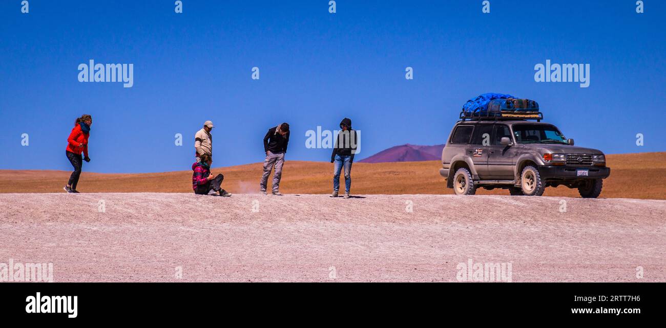 Eduardo Avaroa Andean Fauna National Reserve, BOLIVIA September 20, 2015: A Jeep Tour through the Bolivian Salt Desert Uyuni is a popular touristic Stock Photo