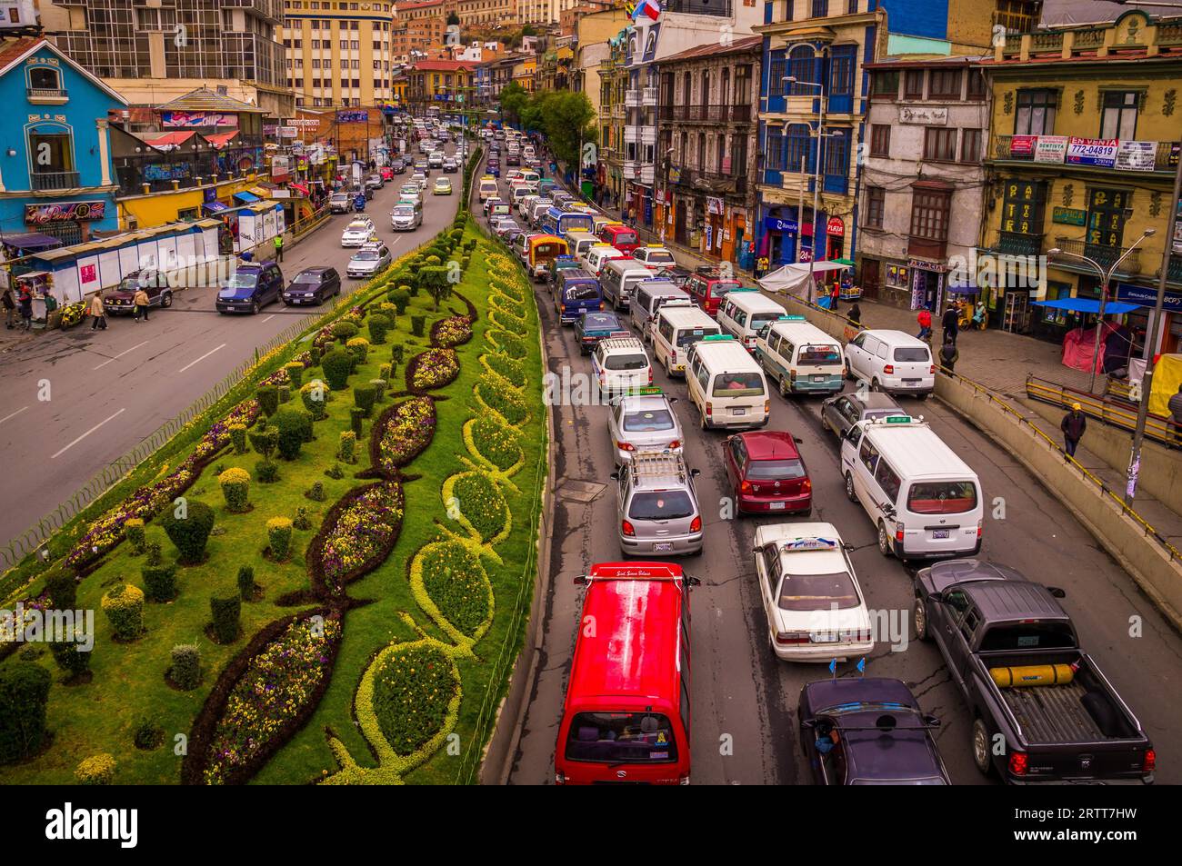 View from a bridge showing a street full of cars stuck in a traffic jam on the city highway in rush hour, La Paz, BOLIVIA in October 2015 Stock Photo