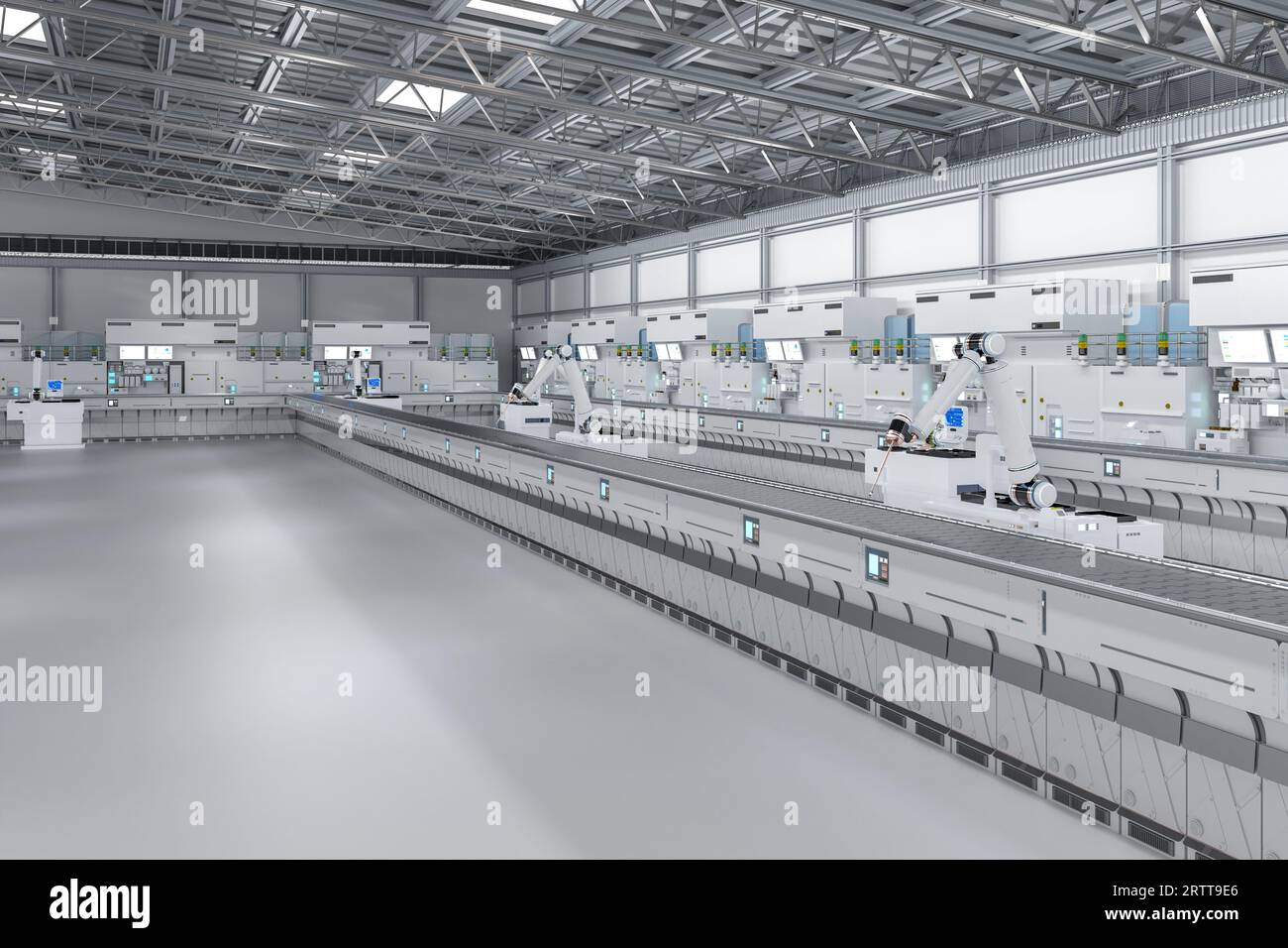 Automation industry concept with 3d rendering robot assembly line in  factory Stock Photo