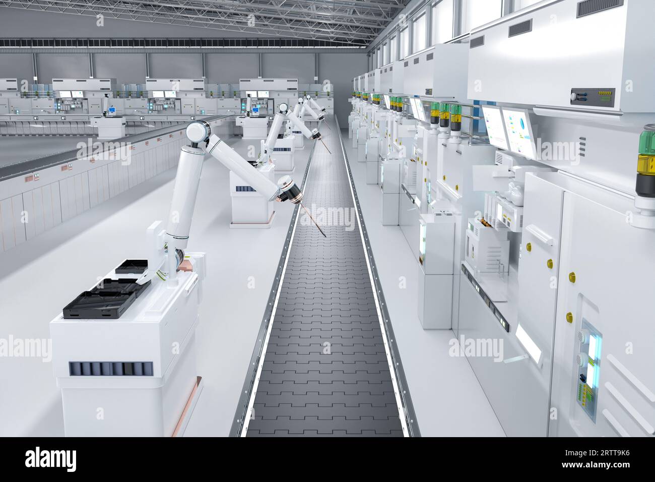 Automation industry concept with 3d rendering robot assembly line and empty conveyor belt in  factory Stock Photo