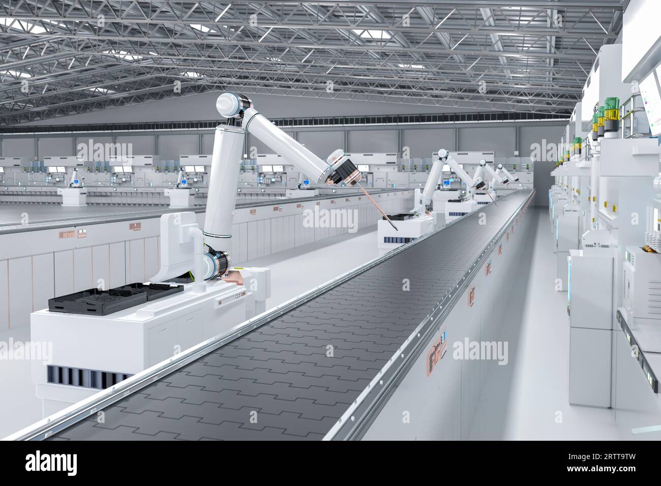 Automation industry concept with 3d rendering robot assembly line and empty conveyor belt in  factory Stock Photo