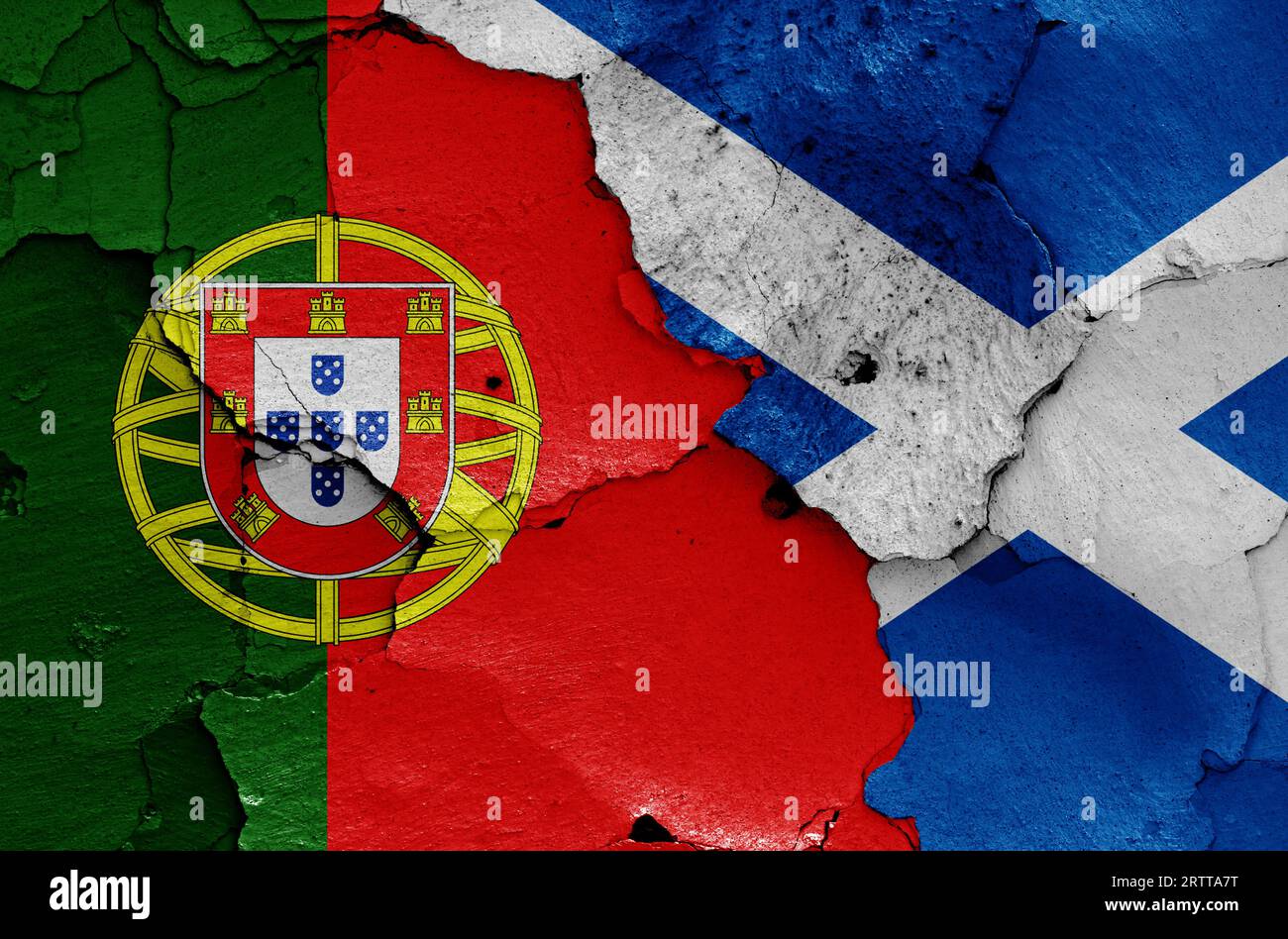 flags of Portugal and Scotland  painted on cracked wall Stock Photo