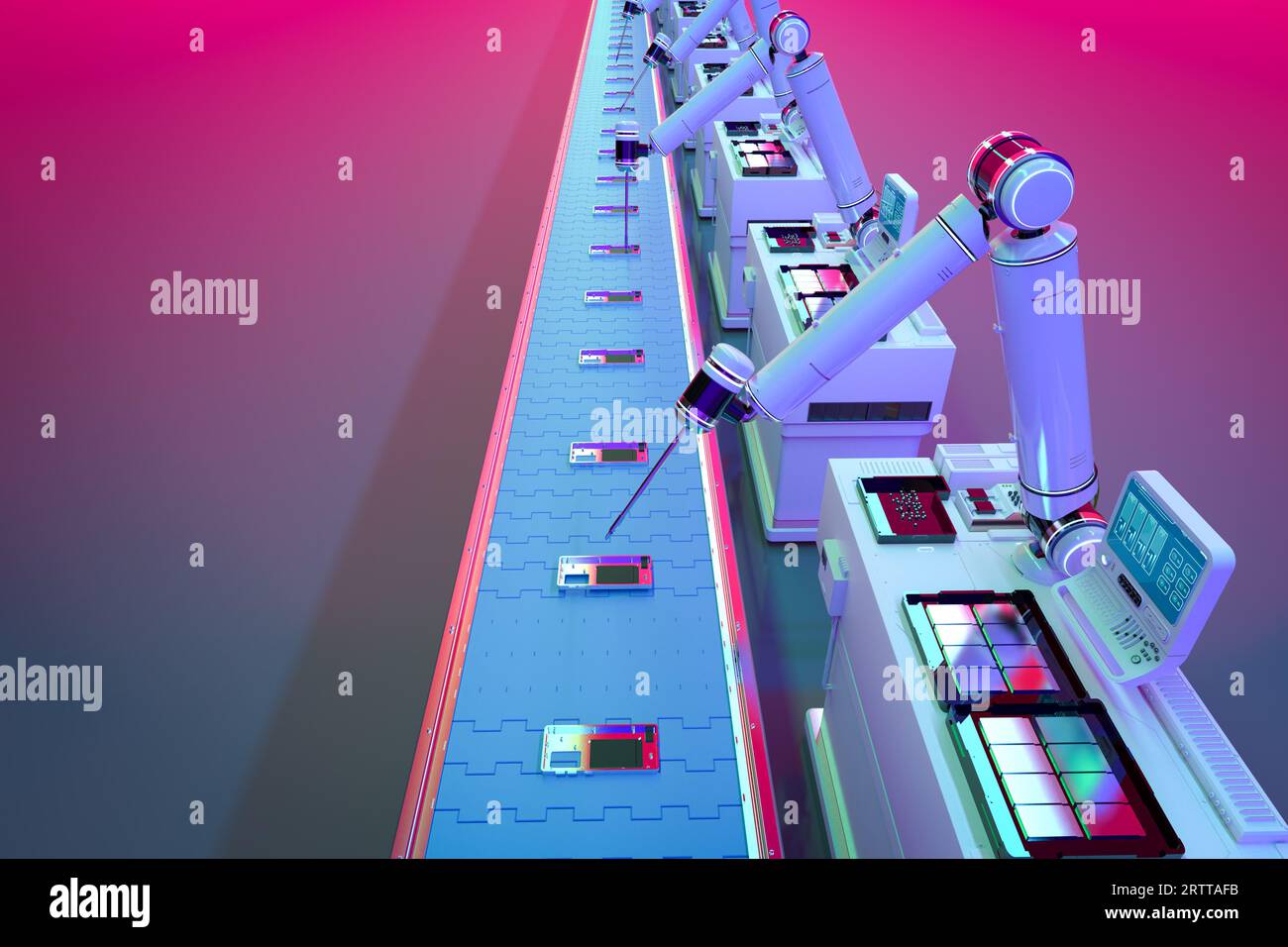 3d rendering robot assembly line with smartphone in factory on vivid ...