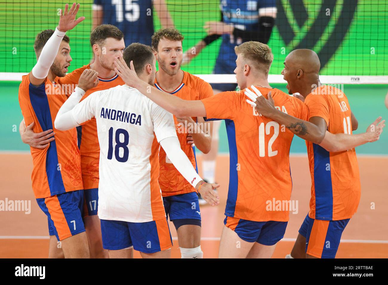 Netherlands volleyball national team celebrating. Volleyball World