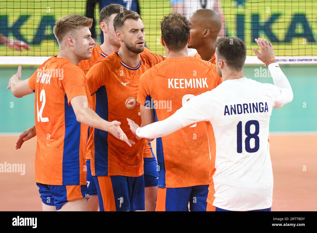 Netherlands volleyball national team celebrating. Volleyball World