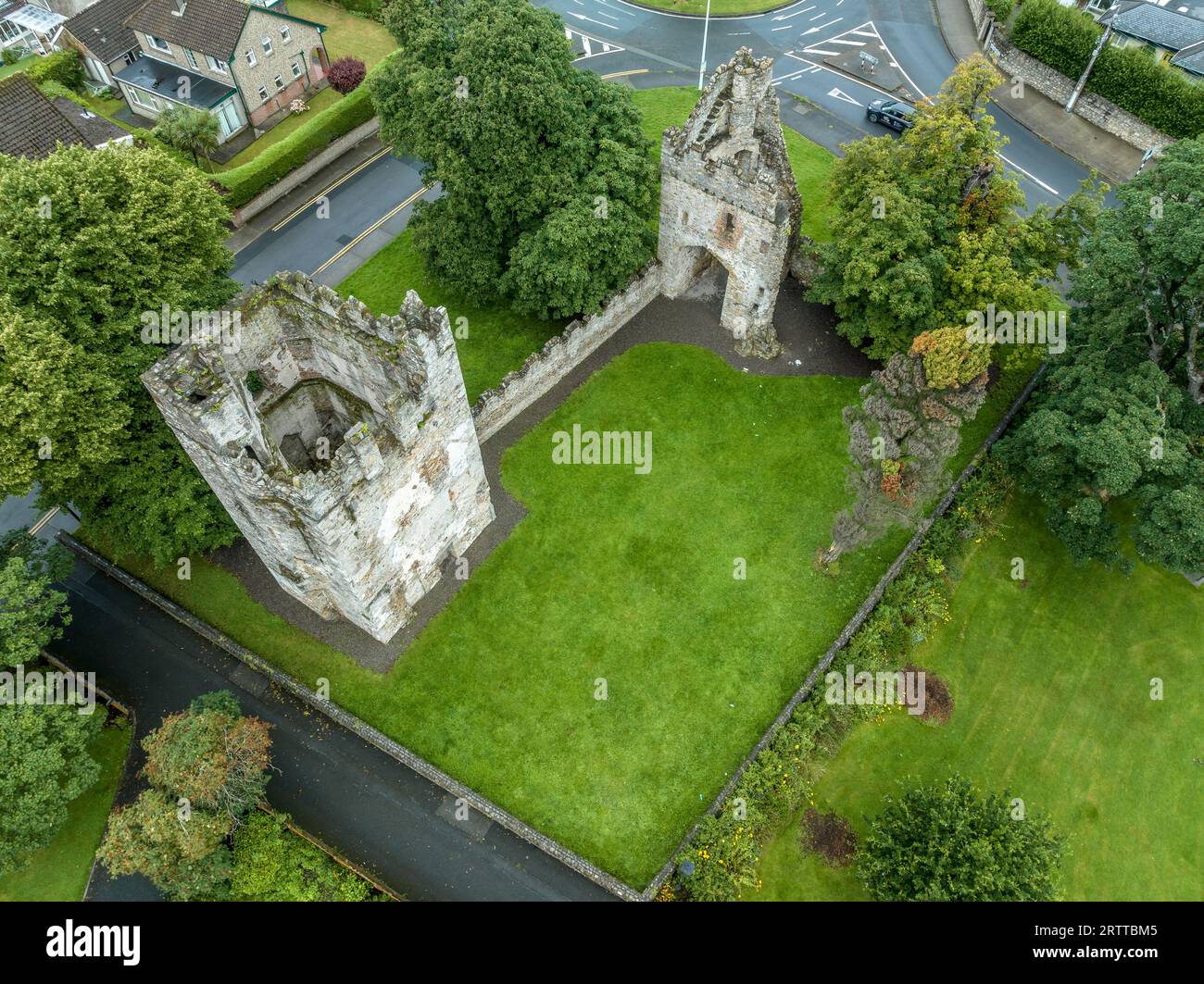 Aerial view of Monkstown castle near Dublin Ireland with restored gate