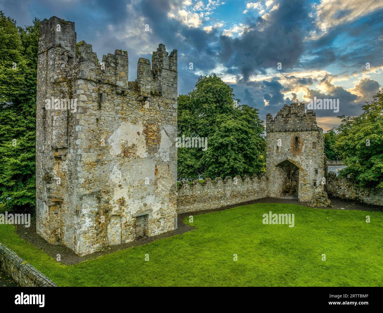 Aerial view of Monkstown castle near Dublin Ireland with restored gate