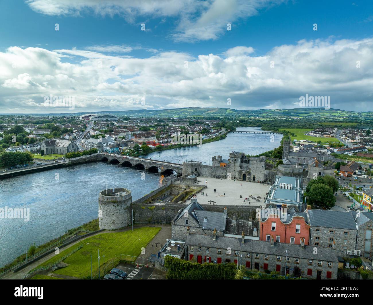 Aerial view of Limerick city and King John's castle on King's Island