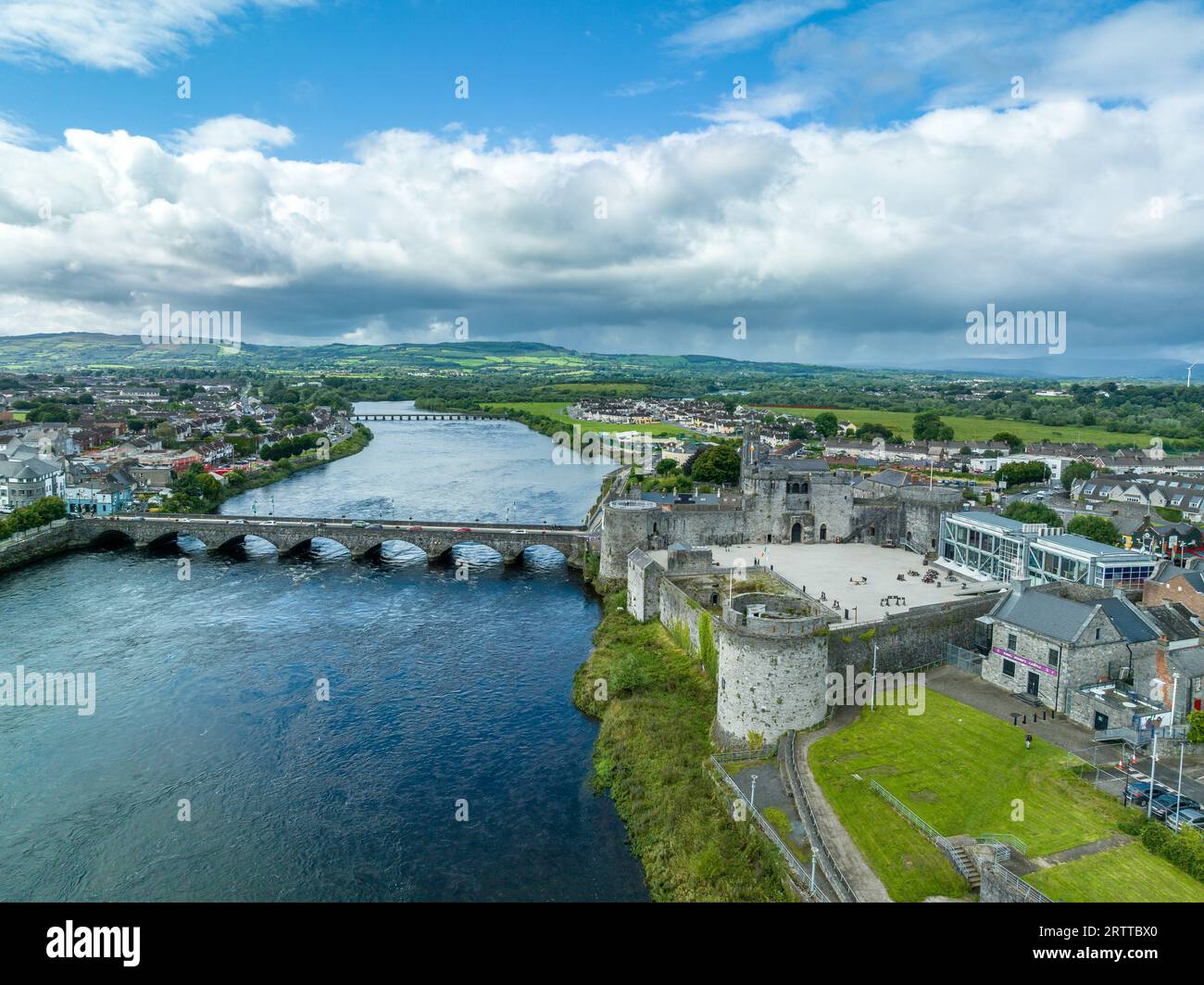 Aerial view of Limerick city and King John's castle on King's Island