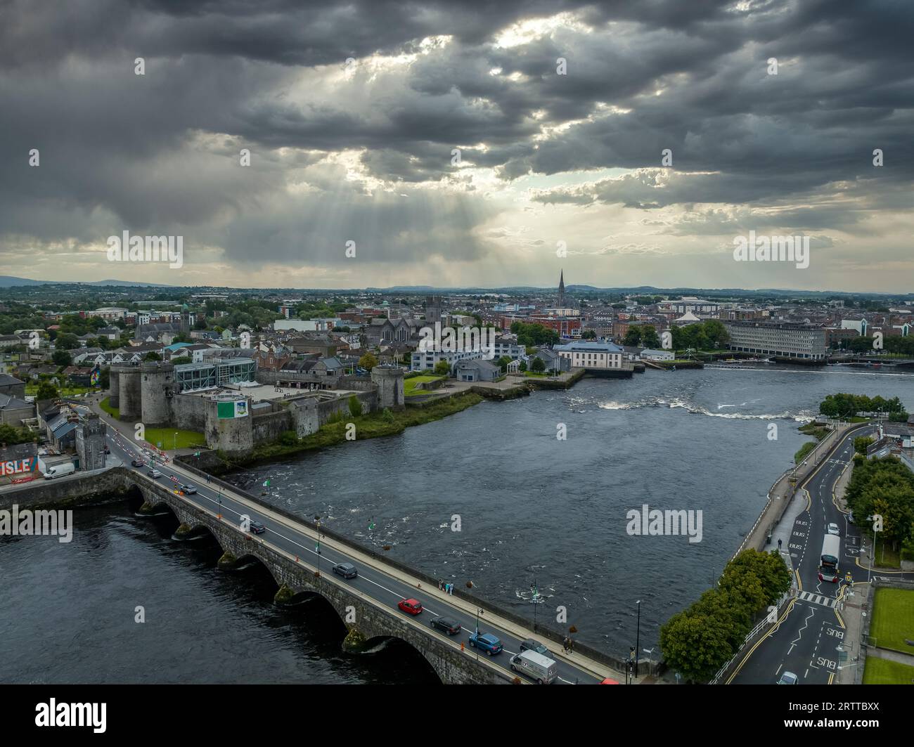 Aerial view of Limerick city and King John's castle on King's Island