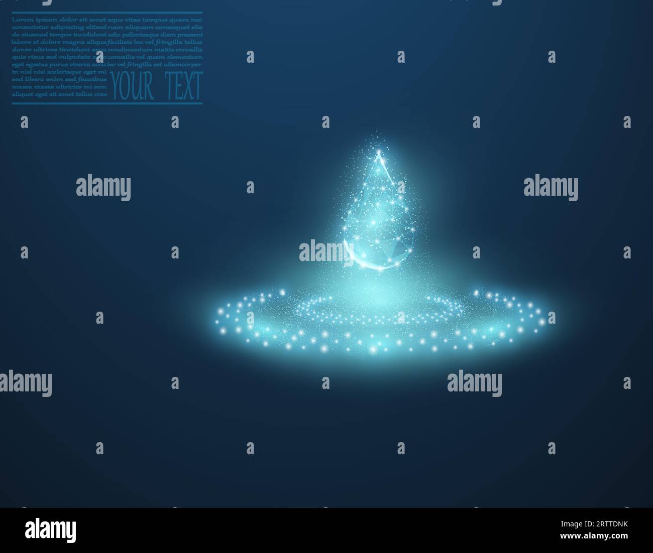 Vector illustration of a water drop on a dark blue background. A drop of water from a grid and dots. Environmental protection, clean water, ecology. Stock Vector