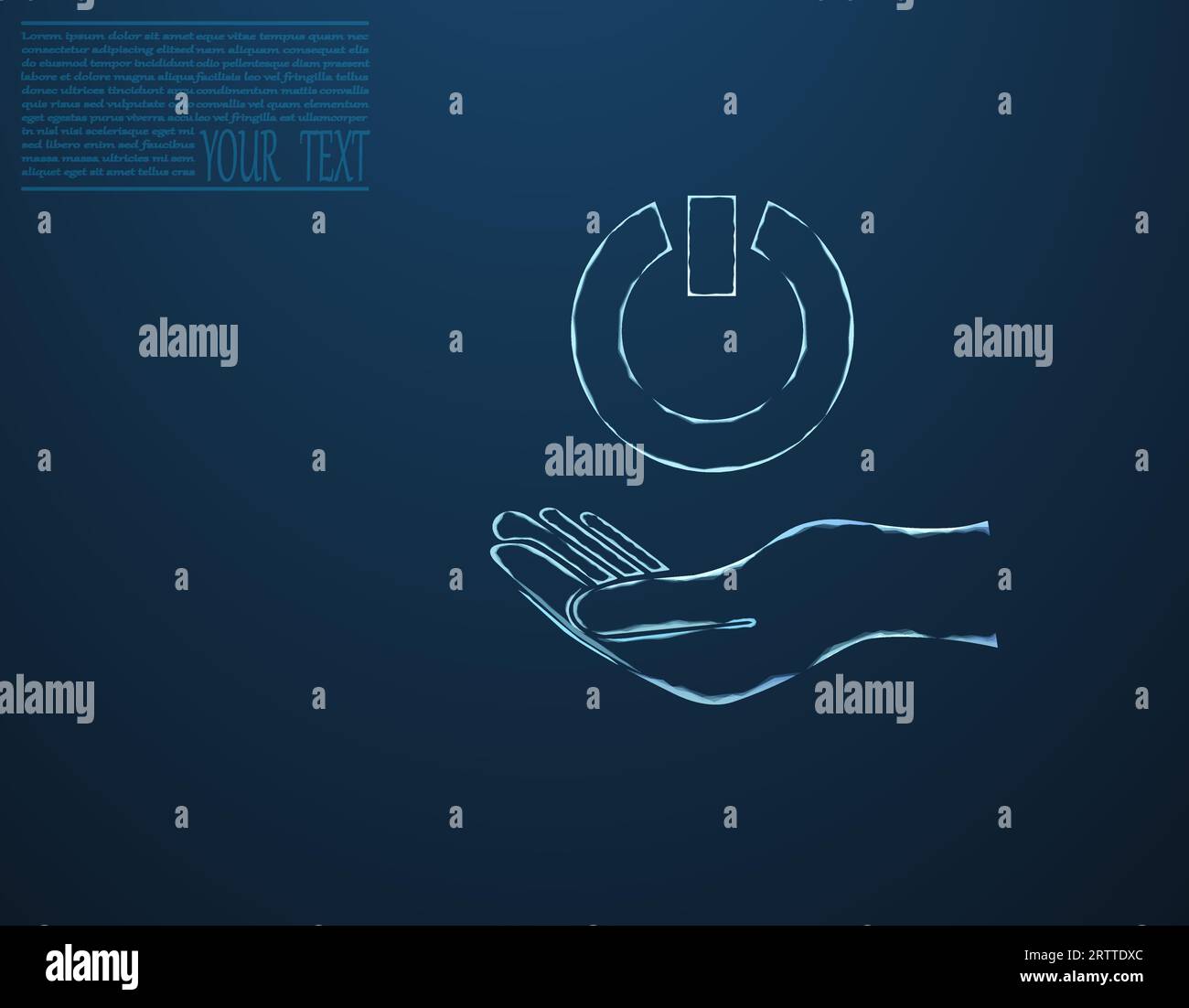 Vector illustration of power button on the hand. Energy, electrical technology concept. Power button iconbutton icon on hand on dark blue background. Stock Vector