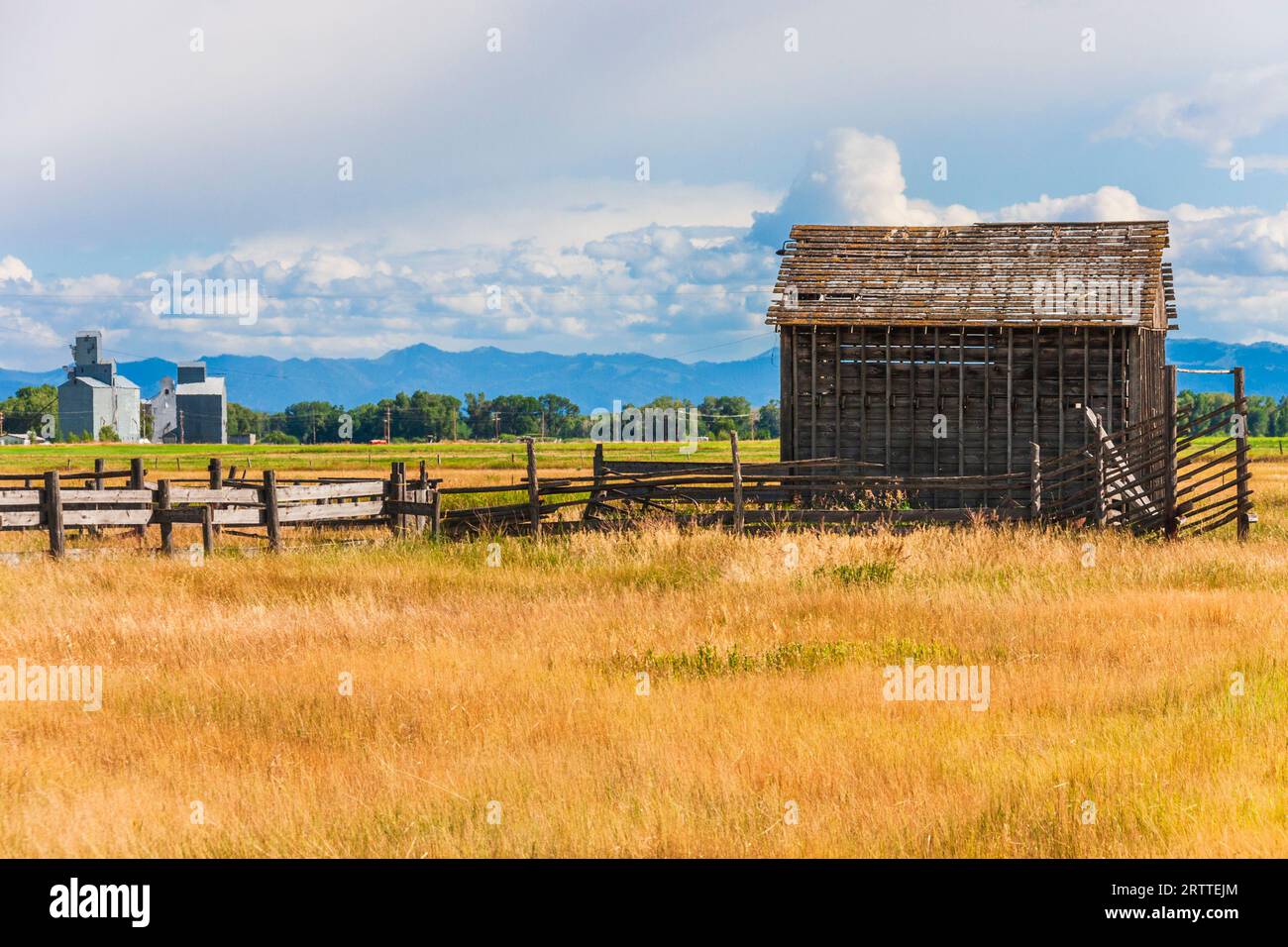 Abandoned barn on Idaho farm in the Teton valley, on the western side of the Teton mountain range. Stock Photo