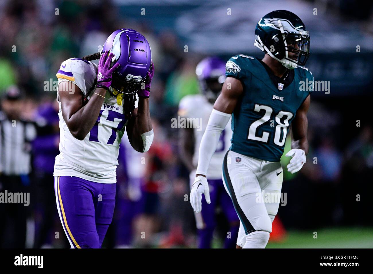 Minnesota Vikings wide receiver K.J. Osborn (17) runs up field during the  second half of an NFL football game against the Philadelphia Eagles,  Monday, Sept. 19, 2022, in Philadelphia. (AP Photo/Chris Szagola