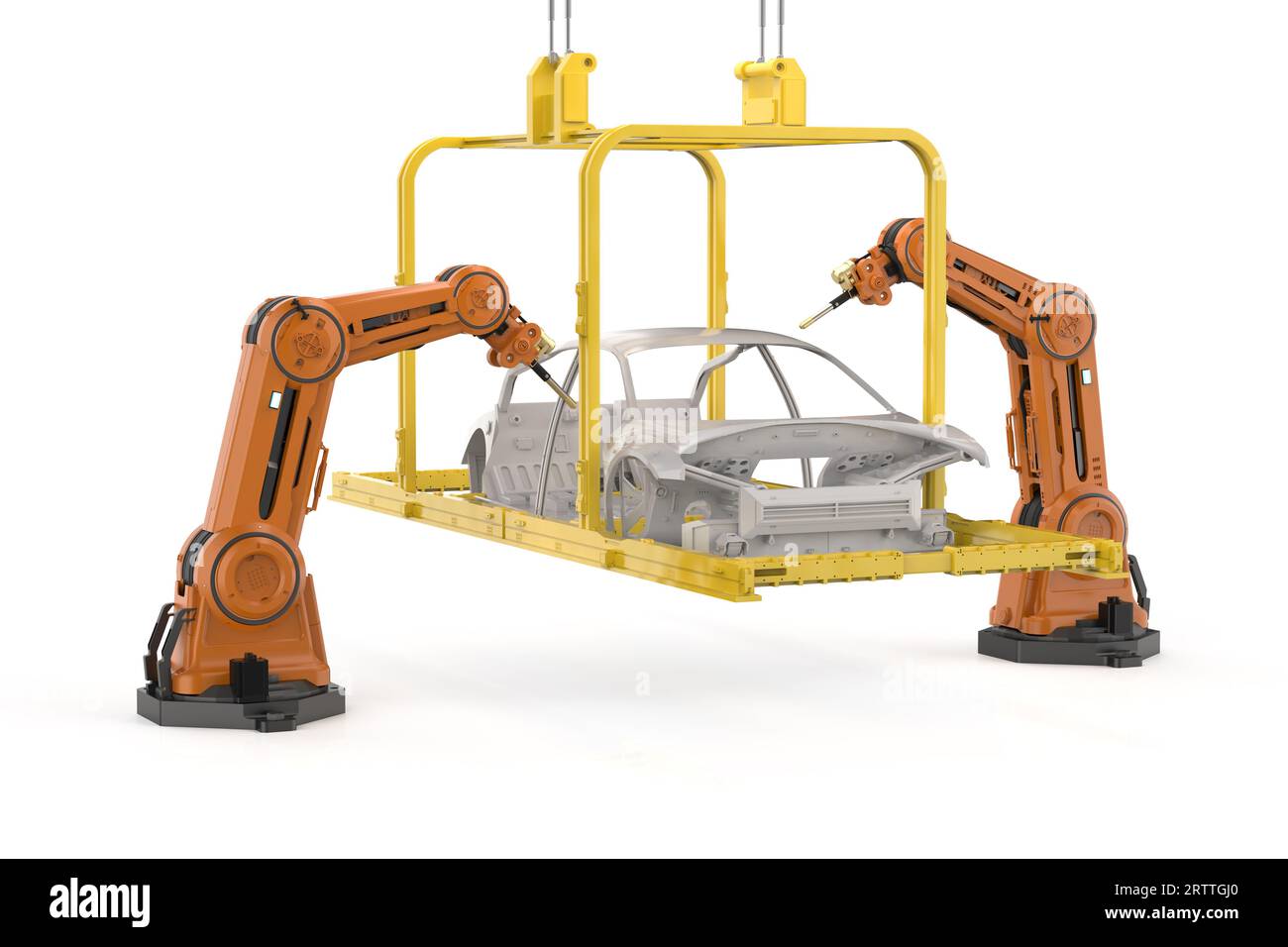 Automation automobile factory with 3d rendering robot assembly line manufacture ev car on white background Stock Photo