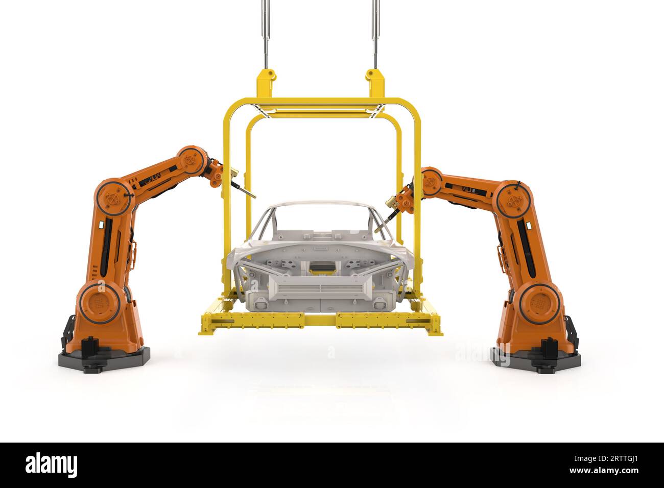 Automation automobile factory with 3d rendering robot assembly line manufacture ev car on white background Stock Photo