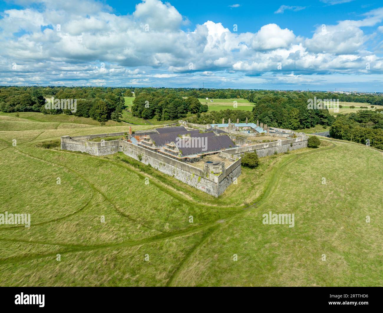 Aerial view of Dublin Magazine Fort in Phoenix park in Ireland with cloudy blue sky Stock Photo