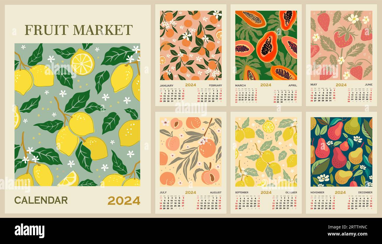 Monthly calendar template for 2024 with fruits Stock Vector Image & Art